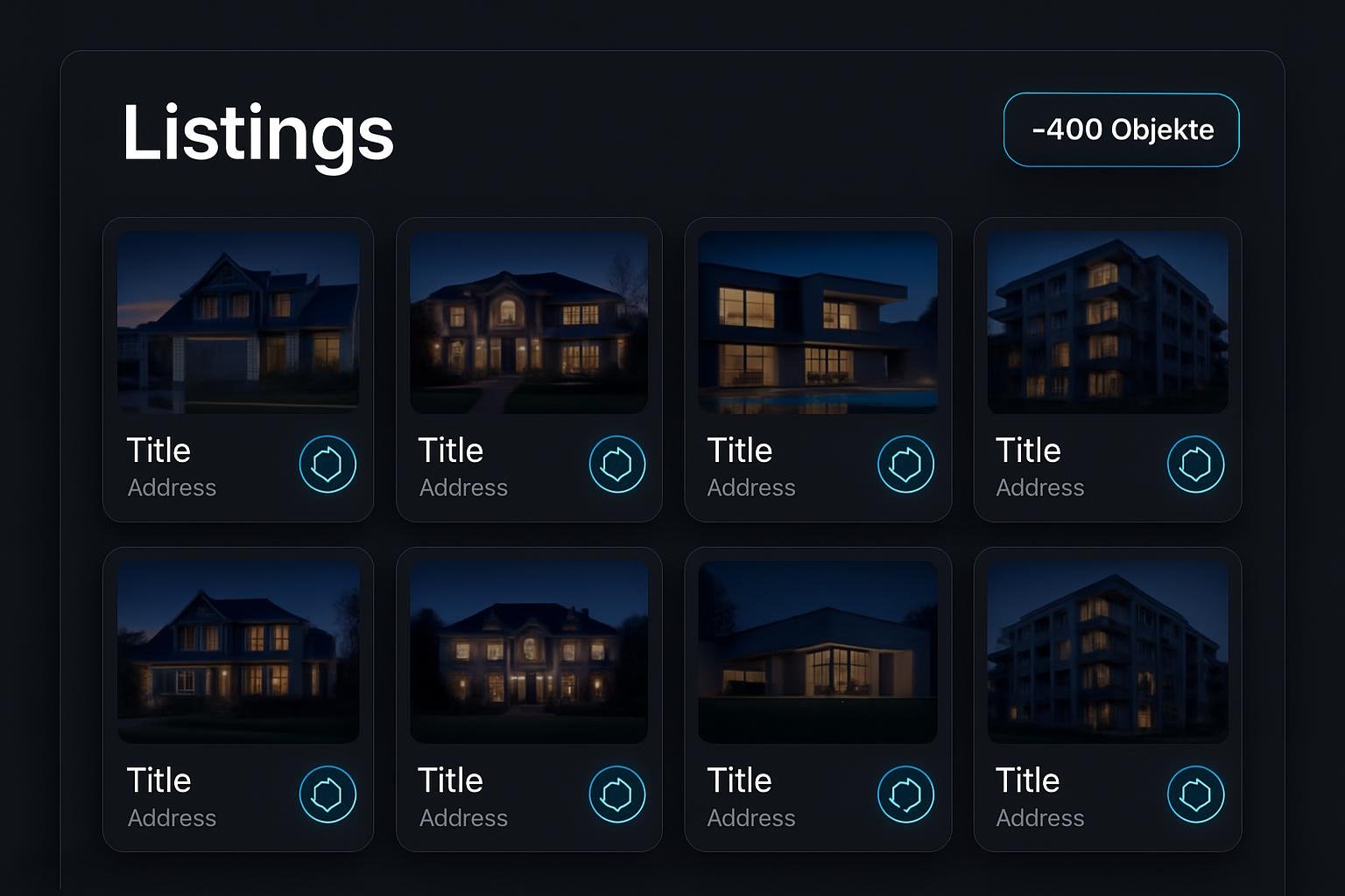 Rasteransicht von Immobilien-Listings mit Synchronisations-Indikator