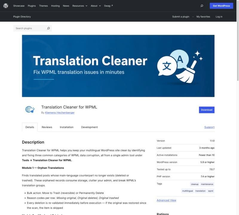Die Plugin-Seite von Translation Cleaner for WPML im WordPress-Plugin-Verzeichnis, mit Version, letztem Update und getesteter WordPress-Version